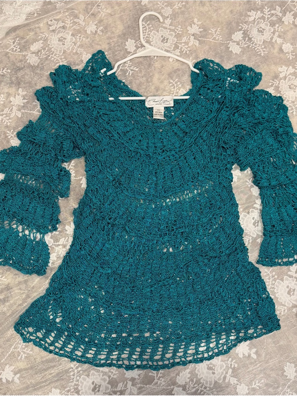 Dress Barn Teal Crochet Bell-Sleeve Tunic Dress